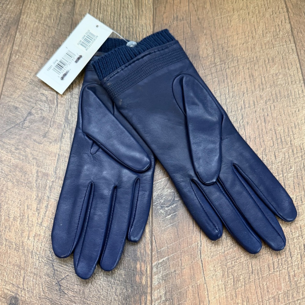 Fownes Brothers Leather Gloves Womens 7 Navy Blue Knit Cuff Nordstrom New w Tags